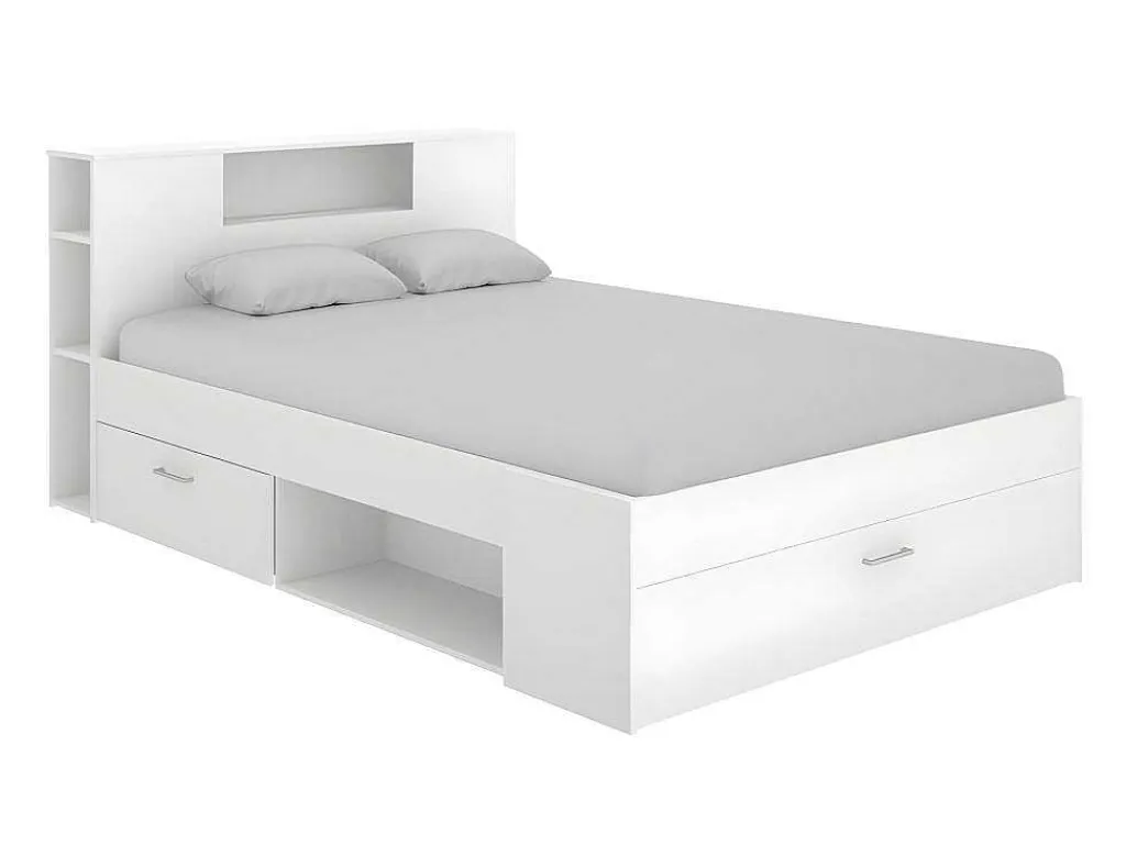 Bed Met Hoofdeinde Met Opbergruimte En Lades - 140 X 190 Cm - Kleur: Wit + Bedbodem + Matras - Leandre-Vente-unique Best