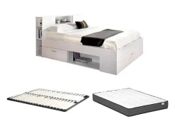 Bed Met Hoofdeinde Met Opbergruimte En Lades - 140 X 190 Cm - Kleur: Wit + Bedbodem + Matras - Leandre-Vente-unique Best