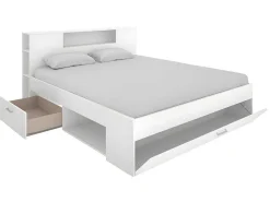 Bed Met Hoofdeinde Met Opbergruimte En Lades - 140 X 190 Cm - Kleur: Wit + Bedbodem + Matras - Leandre-Vente-unique Best