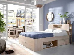 Bed Met Hoofdeinde, Opbergruimte En Lades - 160 X 200 Cm - Eikenkleur - Leandre-Vente-unique Clearance