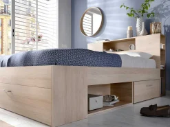 Bed Met Hoofdeinde, Opbergruimte En Lades - 160 X 200 Cm - Eikenkleur - Leandre-Vente-unique Clearance