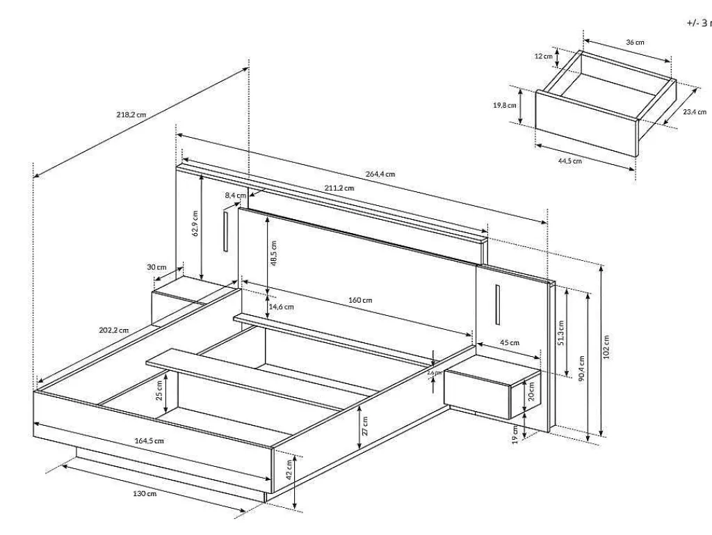 Bed Met Nachtkastjes 160 X 200 Cm - 2 Laden - Met Led'S - Kleur : Naturel En Antraciet - Francoli-Vente-unique Best