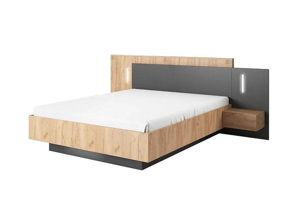 Bed Met Nachtkastjes 160 X 200 Cm - 2 Laden - Met Led'S - Kleur : Naturel En Antraciet - Francoli-Vente-unique Best