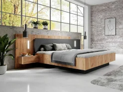 Bed Met Nachtkastjes 160 X 200 Cm - 2 Laden - Met Led'S - Kleur : Naturel En Antraciet - Francoli-Vente-unique Best