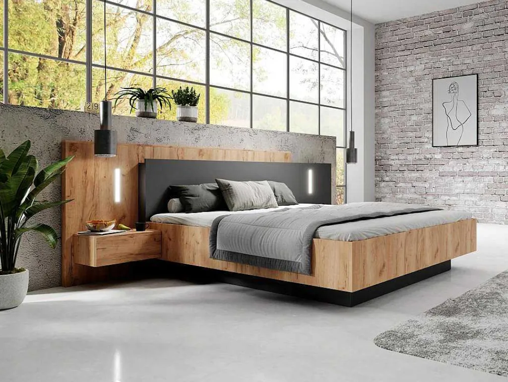 Bed Met Nachtkastjes 160 X 200 Cm - 2 Laden - Met Led'S - Kleur : Naturel En Antraciet - Francoli-Vente-unique Best
