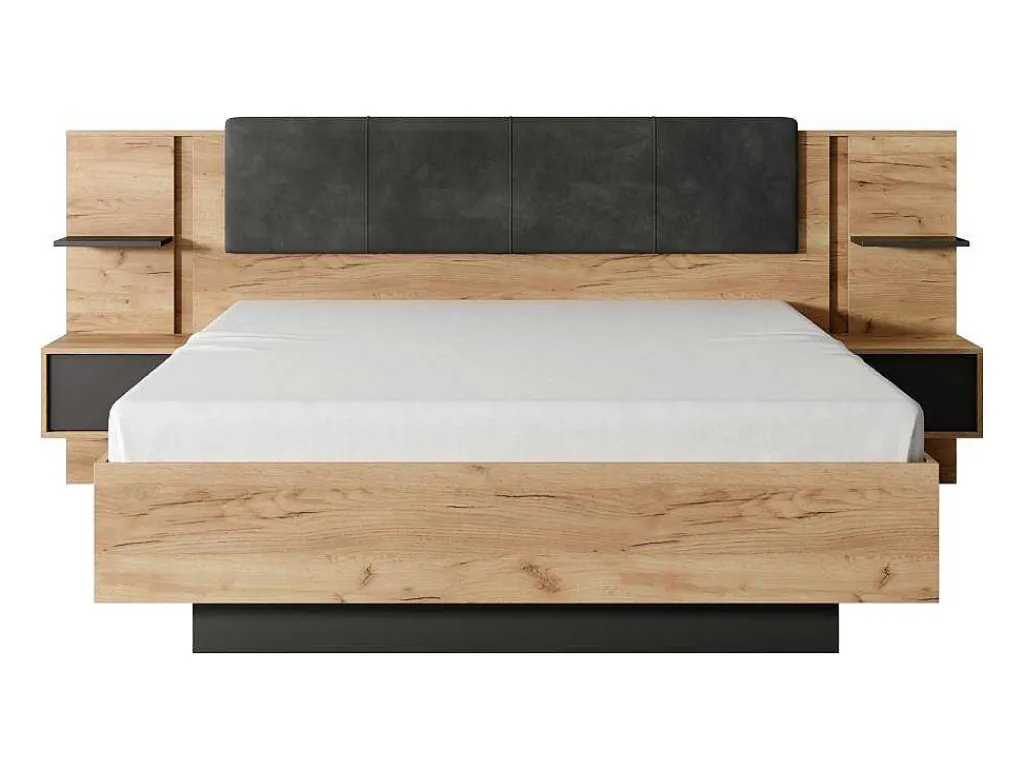 Bed Met Nachtkastjes 160 X 200 Cm - Met Ledverlichting - Kleur: Naturel En Antraciet - Elynia-Vente-unique Clearance