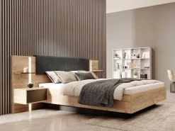 Bed Met Nachtkastjes 160 X 200 Cm - Met Ledverlichting - Kleur: Naturel En Antraciet - Elynia-Vente-unique Clearance