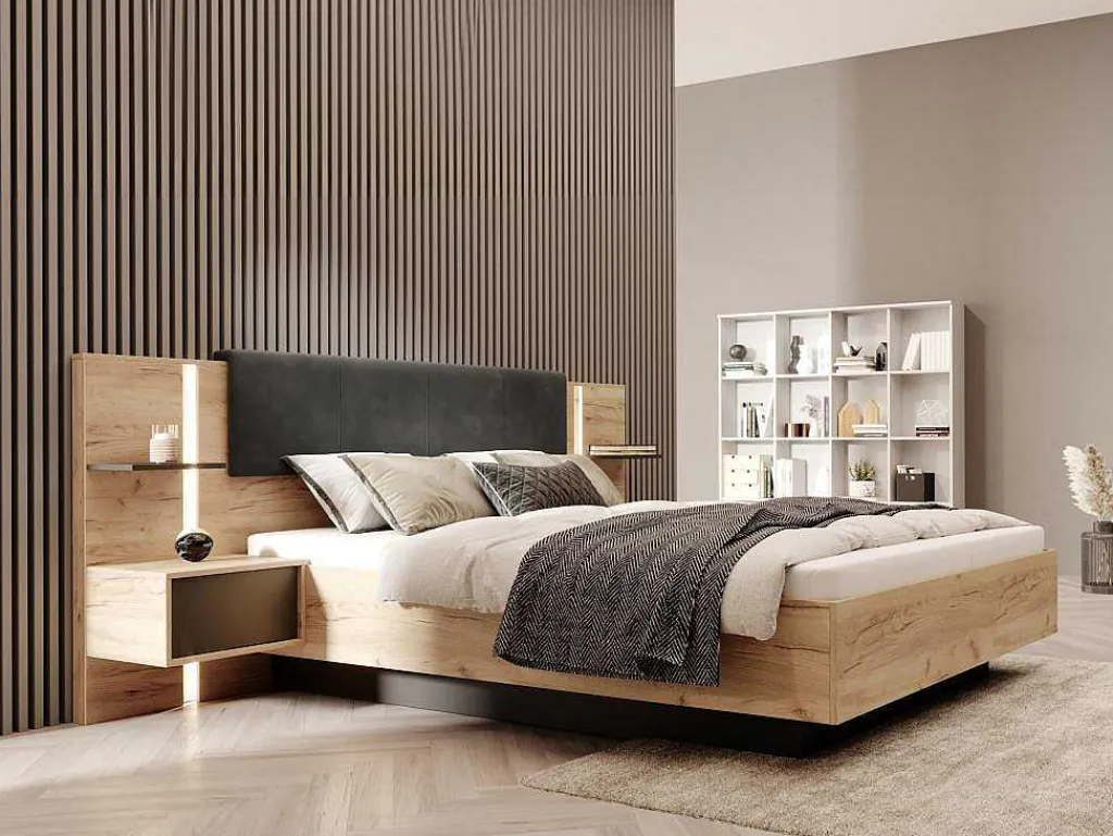 Bed Met Nachtkastjes 160 X 200 Cm - Met Ledverlichting - Kleur: Naturel En Antraciet - Elynia-Vente-unique Clearance