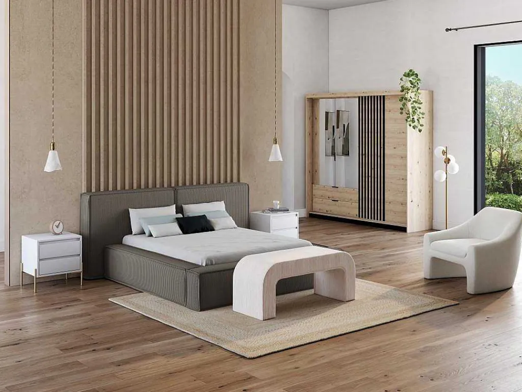 Bed Met Opbergruimte 180 X 200 Cm - Ribfluweel - Taupe + Matras - Timano-PASCAL MORABITO Clearance
