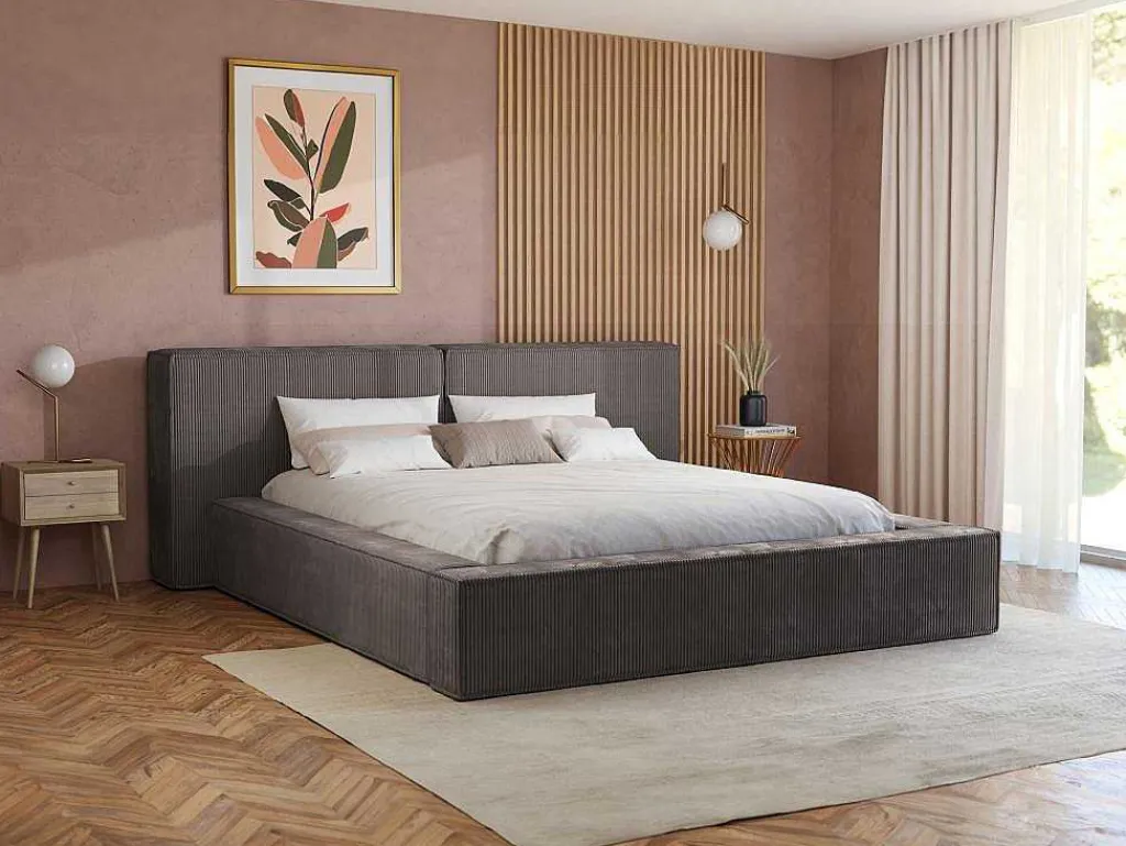 Bed Met Opbergruimte 180 X 200 Cm - Ribfluweel - Taupe + Matras - Timano-PASCAL MORABITO Clearance