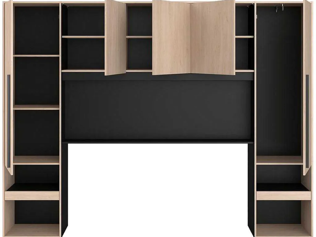 Bed Met Opbergruimte 160 X 200 Cm - Met Ledverlichting - Kleur: Naturel En Zwart + Bedbodem - Velona-Vente-unique Online