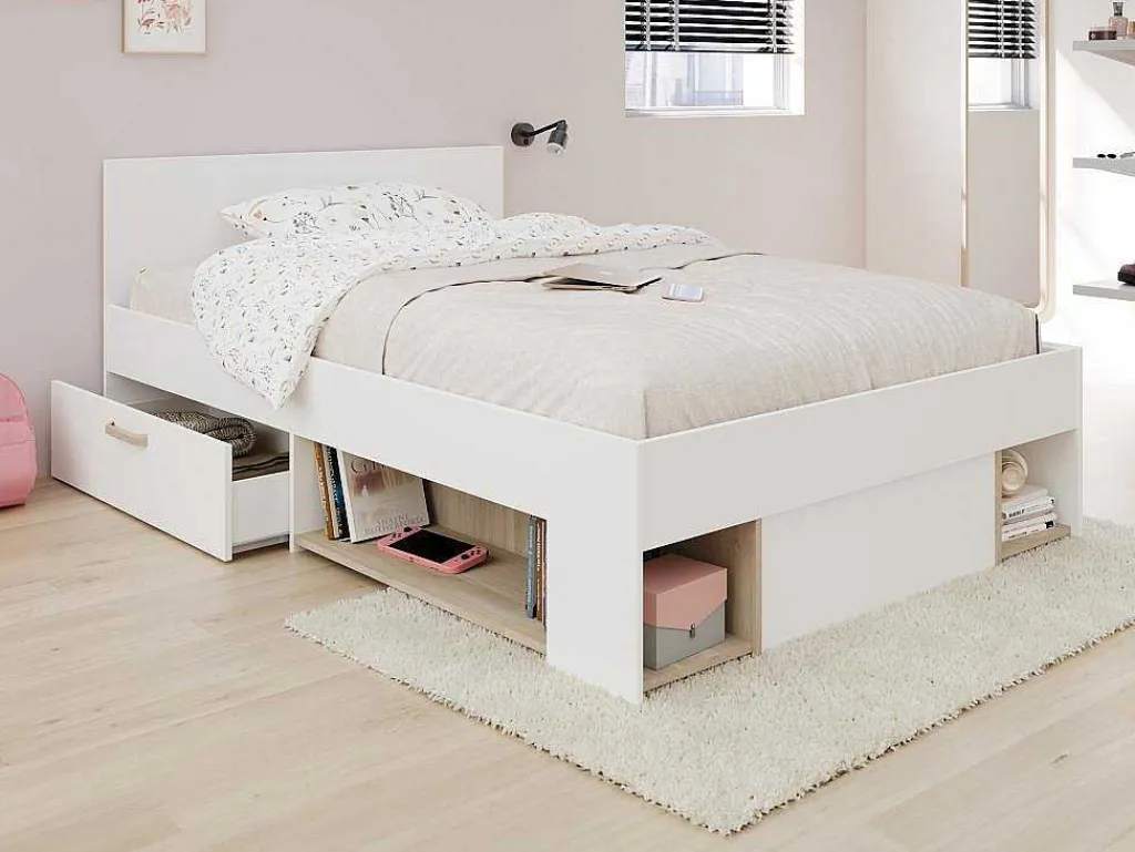 Bed Met Opbergruimte 120 X 190 Cm Wit En Houtlook Kinselia-Vente-unique Clearance