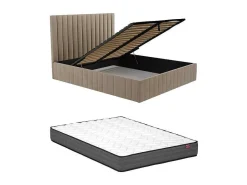 Bed Met Opbergruimte 180 X 200 Cm Met Hoofdbord Met Verticale Stiksels - Velours - Taupegrijs + Matras - Larali-Vente-unique