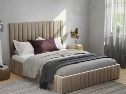 Bed Met Opbergruimte 180 X 200 Cm Met Hoofdbord Met Verticale Stiksels - Velours - Taupegrijs + Matras - Larali-Vente-unique