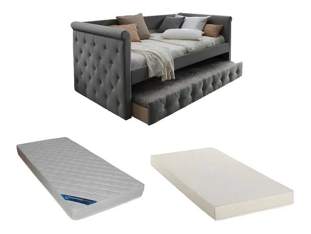 Bed Met Slaaplade Louise - 2 X 90 X 190 Cm - Grijze Stof + Matras-Vente-unique Sale
