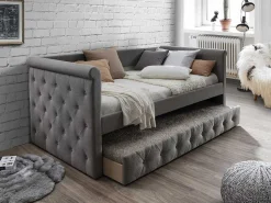 Bed Met Slaaplade Louise - 2 X 90 X 190 Cm - Grijze Stof + Matras-Vente-unique Sale