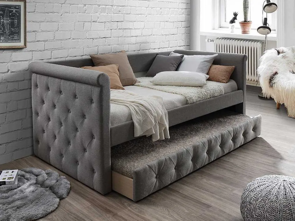 Bed Met Slaaplade Louise - 2 X 90 X 190 Cm - Grijze Stof-Vente-unique Online