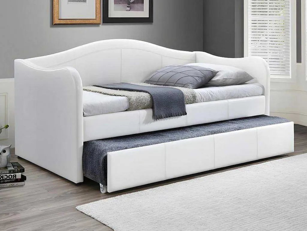 Bedbank Met Uitschuifbed Mathilde - 2 X 90 X 190Cm - Kunstleer - Wit-Vente-unique Best
