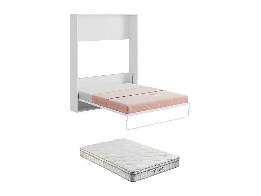 Bedkast 160 X 200 Cm Verticaal Manueel Te Openen Wit Met Matras Malina Ii-Vente-unique Sale