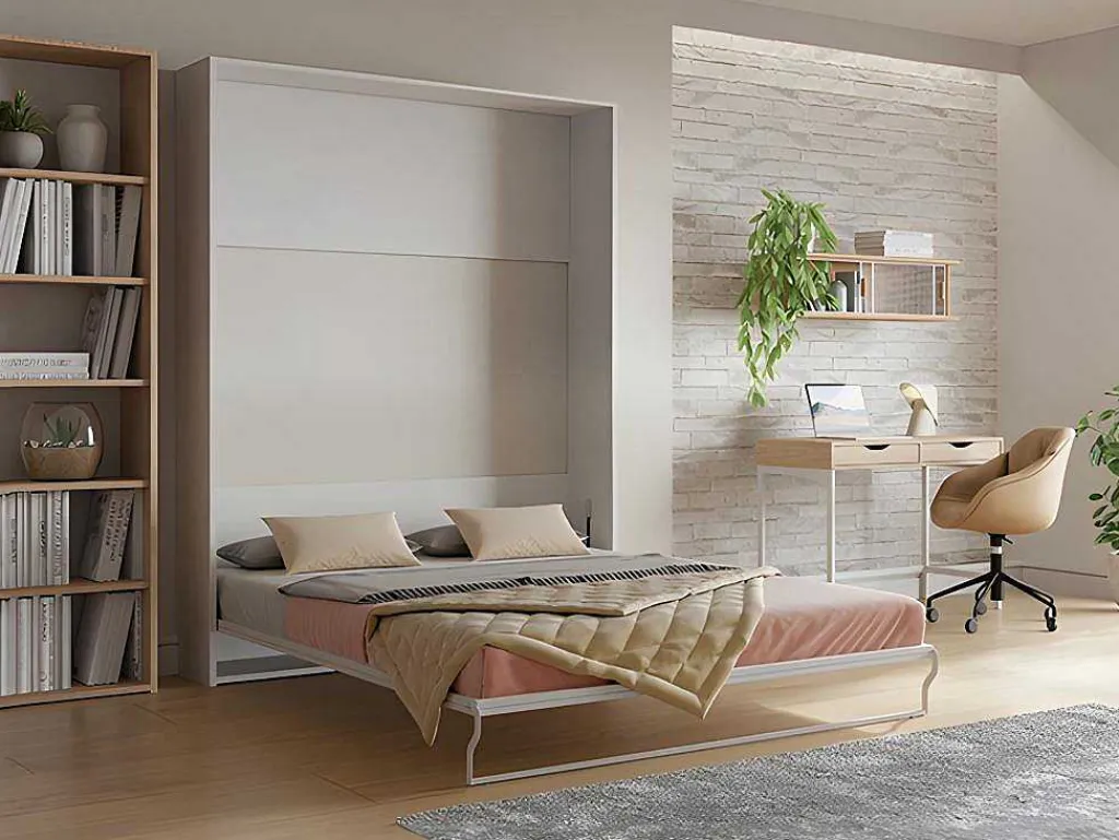 Bedkast 160 X 200 Cm Verticaal Manueel Te Openen Wit Met Matras Malina Ii-Vente-unique Sale