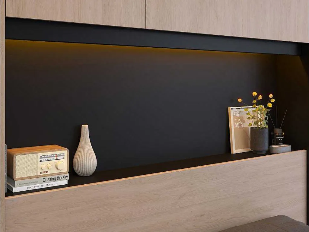 Bedkast Met Opbergruimte - Met Ledverlichting - L265 Cm - Kleur: Naturel En Zwart - Velona-Vente-unique Online
