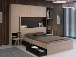 Bedkast Met Opbergruimte - Met Ledverlichting - L265 Cm - Kleur: Naturel En Zwart - Velona-Vente-unique Online