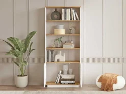 Boekenkast Met 2 Deuren En 4 Nissen - Licht Naturel En Wit - Lotula-Vente-unique Online