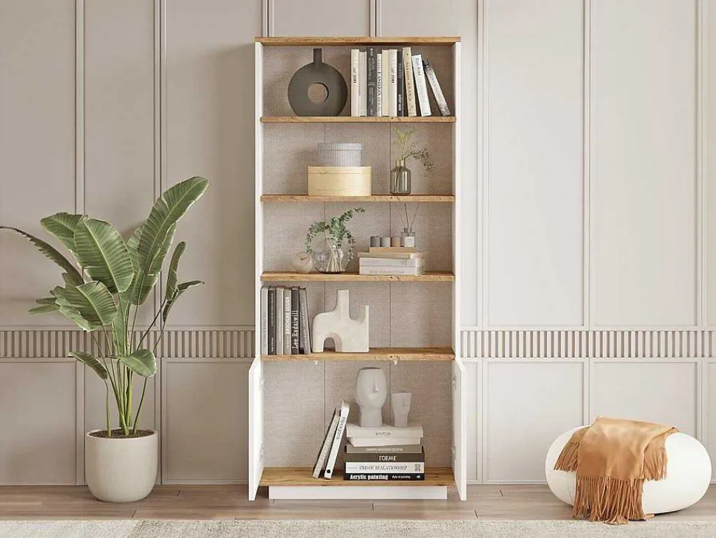 Boekenkast Met 2 Deuren En 4 Nissen - Licht Naturel En Wit - Lotula-Vente-unique Online