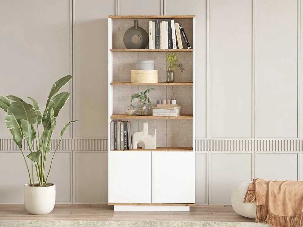 Boekenkast Met 2 Deuren En 4 Nissen - Licht Naturel En Wit - Lotula-Vente-unique Online