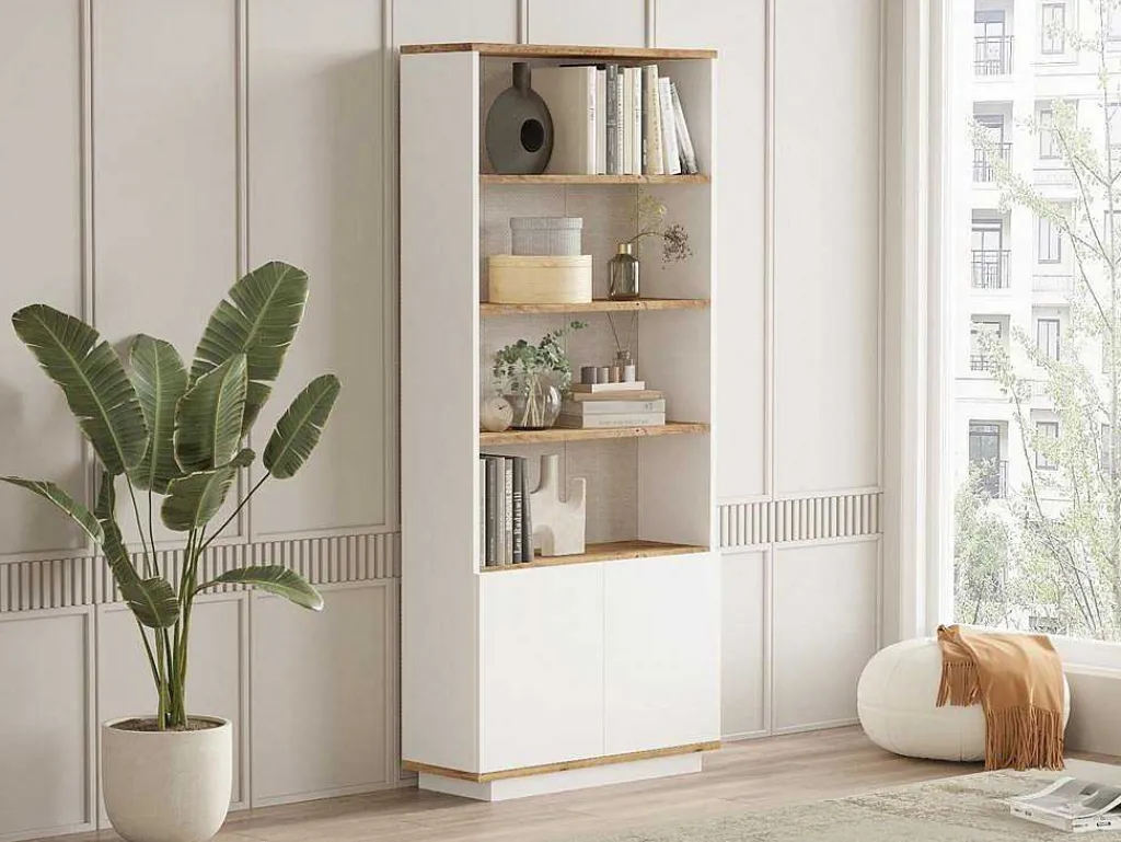 Boekenkast Met 2 Deuren En 4 Nissen - Licht Naturel En Wit - Lotula-Vente-unique Online