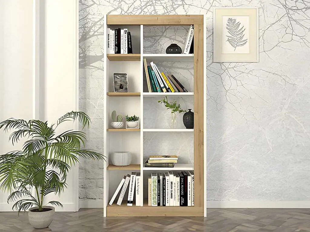 Boekenkast Met 10 Nissen - Licht Naturel En Wit - Silomai-Vente-unique