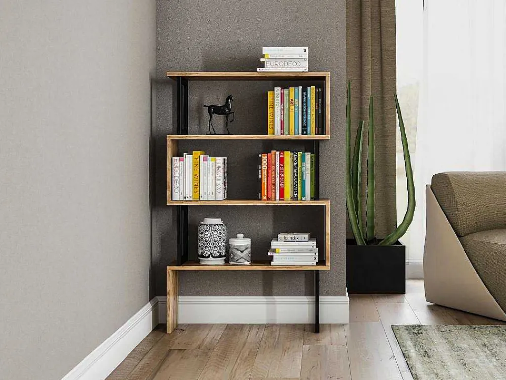 Boekenkast Met 3 Planken Van Metaal - Licht Naturel En Zwart - Roveni-Vente-unique Clearance