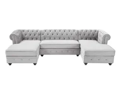 Brede Hoekbank Van Lichtgrijs Velours Chesterfield-Vente-unique Online