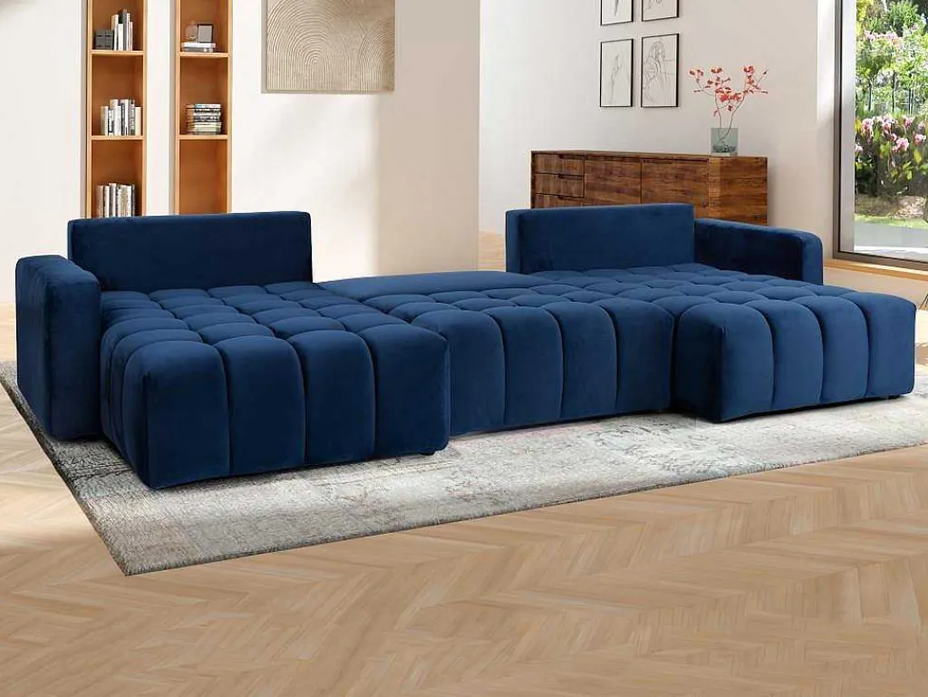 Brede Hoekslaapbank Met Hoek Links Van Nachtblauw Velours Esilia Ii-Vente-unique Clearance