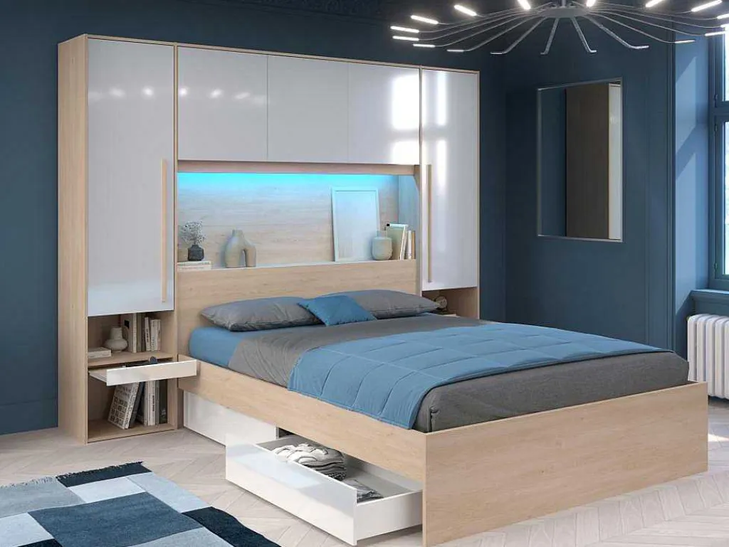 Brugkast Met Opbergruimte - Met Ledverlichting - L265 Cm - Kleuren: Glanzend Wit En Houtlook - Velona-Vente-unique Sale