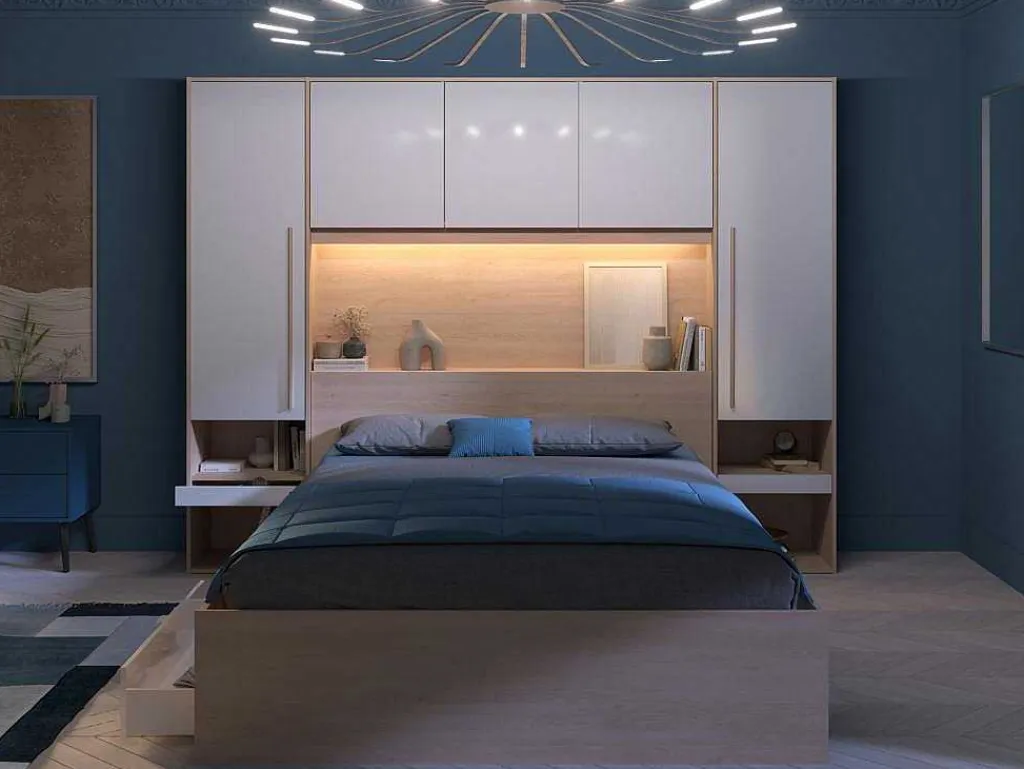 Brugkast Met Opbergruimte - Met Ledverlichting - L265 Cm - Kleuren: Glanzend Wit En Houtlook - Velona-Vente-unique Sale