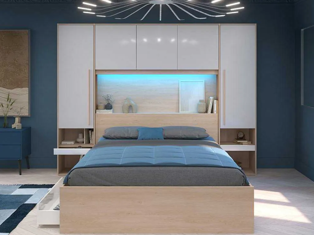 Brugkast Met Opbergruimte - Met Ledverlichting - L265 Cm - Kleuren: Glanzend Wit En Houtlook - Velona-Vente-unique Sale