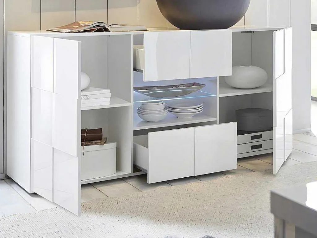 Buffetkast Calisto - Met Led-Verlichting - Twee Poorten En Twee Lades - Wit Gelakt-Vente-unique Sale