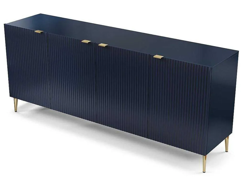 Buffetkast Met 4 Deurtjes Van Mdf En Staal - Blauw En Goudkleurig - Yesinia-Vente-unique Sale