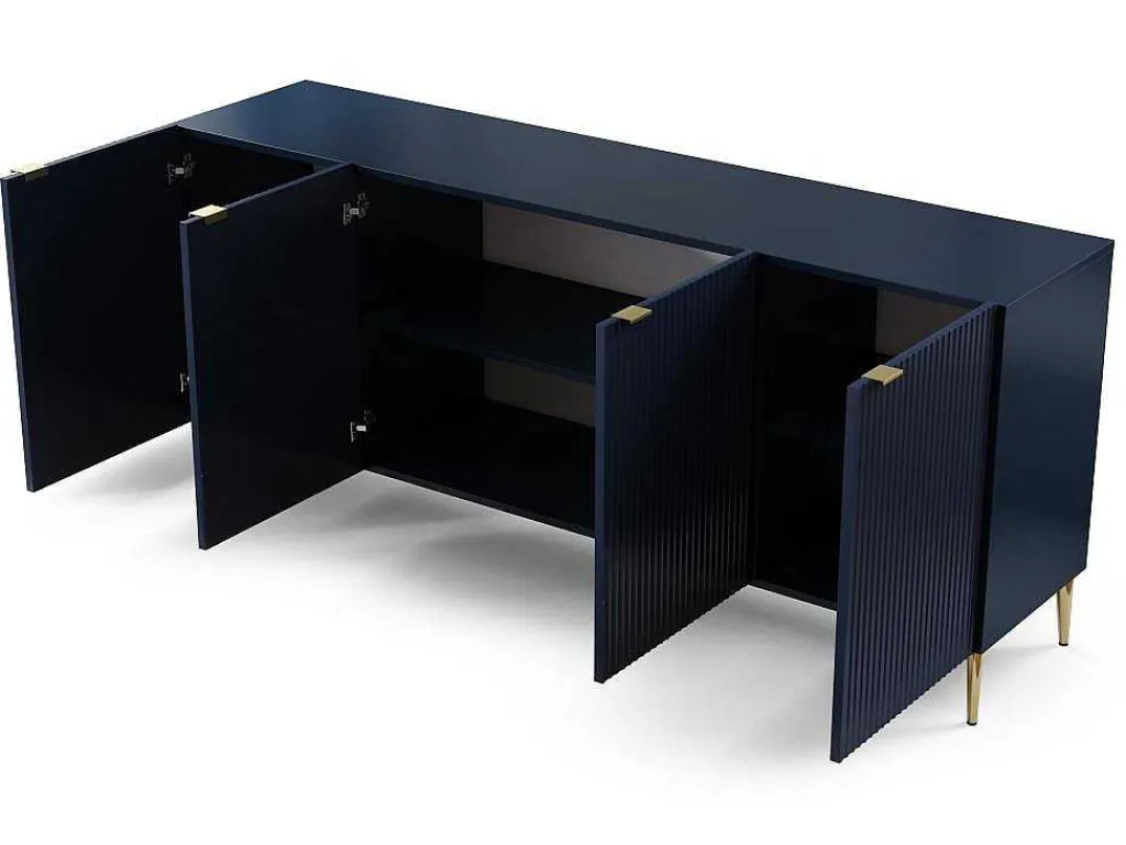 Buffetkast Met 4 Deurtjes Van Mdf En Staal - Blauw En Goudkleurig - Yesinia-Vente-unique Sale