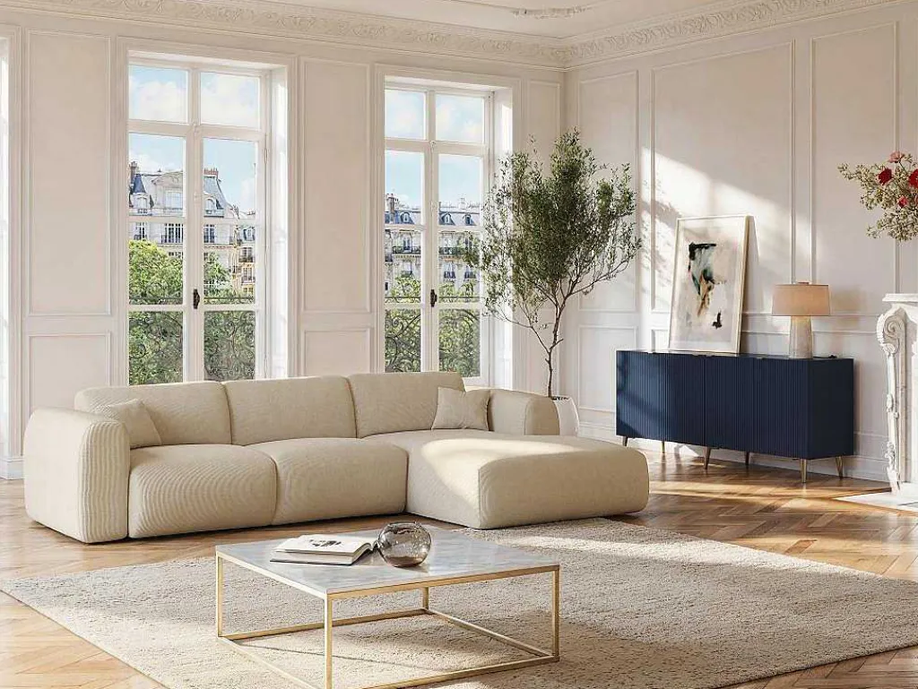 Buffetkast Met 4 Deurtjes Van Mdf En Staal - Blauw En Goudkleurig - Yesinia-Vente-unique Sale