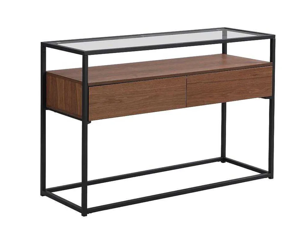 Buffetkast Met 2 Lades Van Mdf, Gehard Glas En Metaal - Donker Naturel - Camata-Vente-unique Best