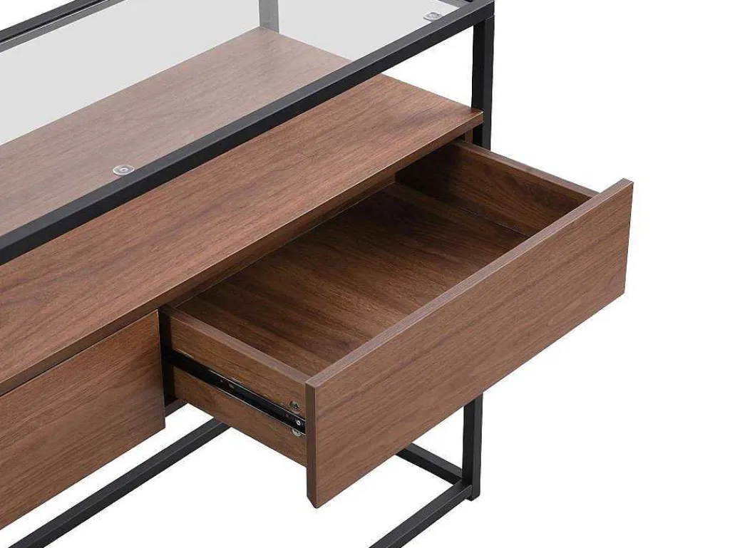 Buffetkast Met 2 Lades Van Mdf, Gehard Glas En Metaal - Donker Naturel - Camata-Vente-unique Best