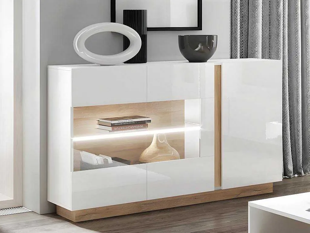 Buffetkast Murari - 3 Deuren - Met Ledverlichting - Hoogglans Wit En Eiken-Vente-unique New