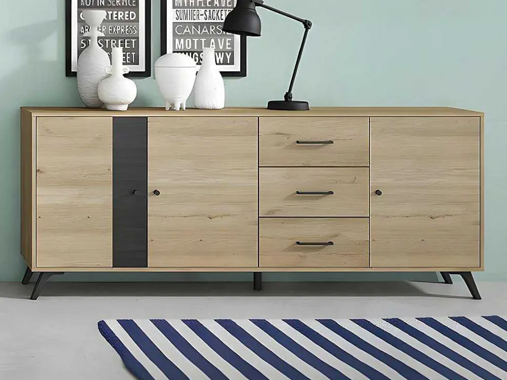 Buffetkast Portland - 3 Laden En 3 Deuren - Kleur: Eiken En Zwart-Vente-unique Discount