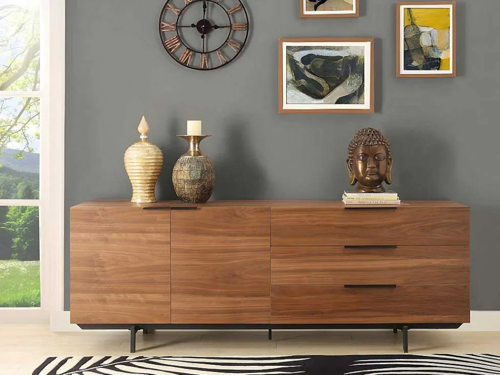 Buffetkast Tayron - 2 Deuren En 3 Laden - Mdf En Metalen Poten - Kleur: Walnoot-Vente-unique Hot