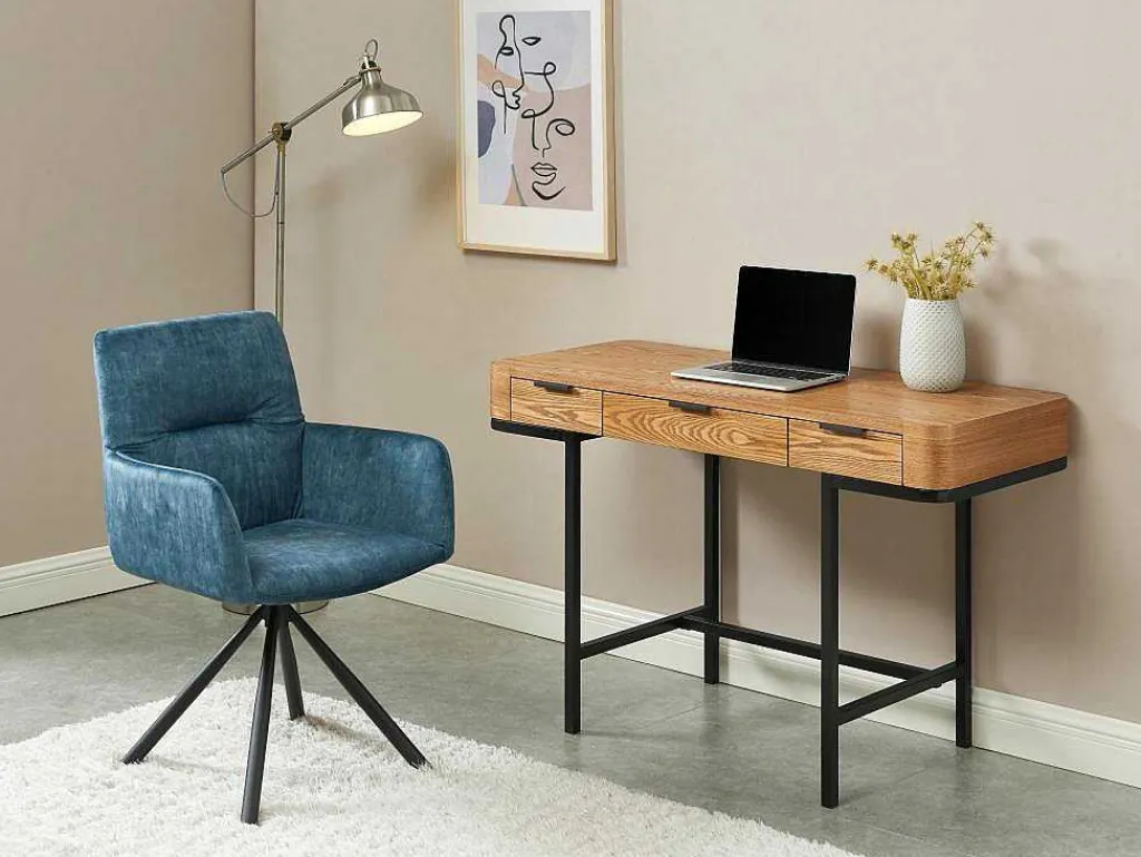 Bureau Met 3 Lades - Mdf En Metaal - Naturel En Goudkleurig - Lisela-Vente-unique Outlet