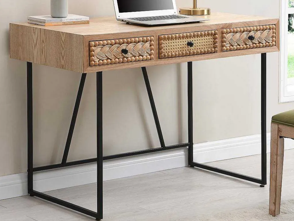 Bureau Met 3 Lades - Mdf En Metaal - Kleuren: Naturel En Zwart - Akivi-Vente-unique Discount
