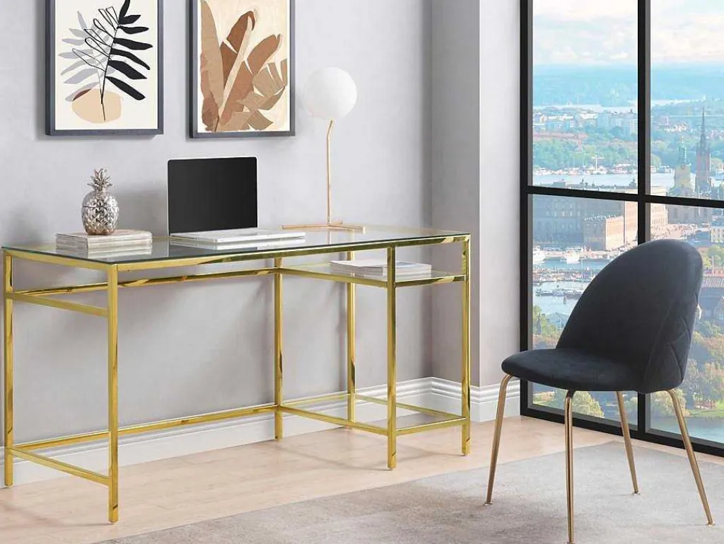 Bureau Met 2 Rekken - Gehard Glas En Staal - Goudkleurig - Tizio - Van-PASCAL MORABITO Online