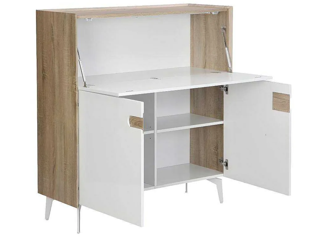 Bureaukast Met 3 Deuren - Mdf En Metaal - Naturel En Wit - Derelis-Vente-unique